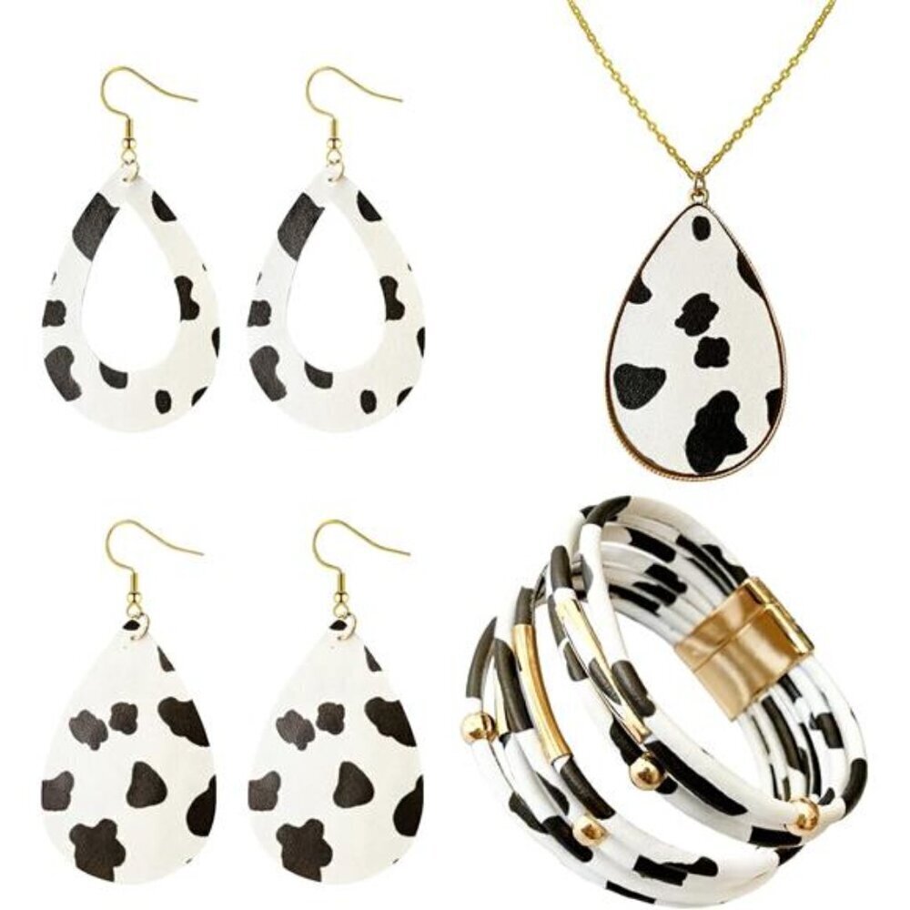 Cow Print Jewelry Set – Western-Inspired Necklace, Earrings & Bracelet Combo